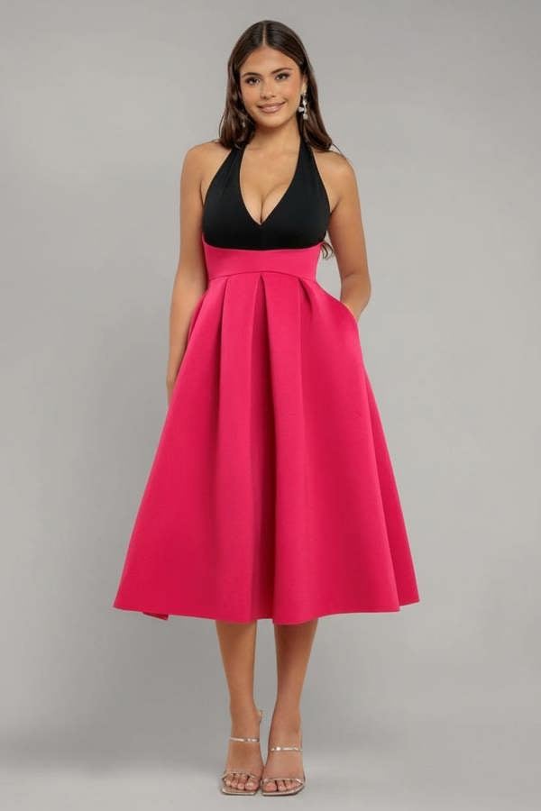 Contrast  Halter Neck Pleated A-Line Midaxi Dress - Black Magenta DR4630