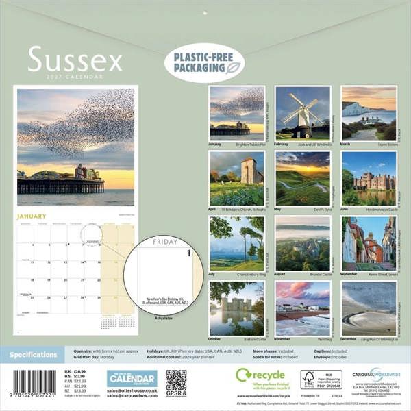 Sussex Calendar 2027, Wall Calendars, Month To View, Travel, Gift