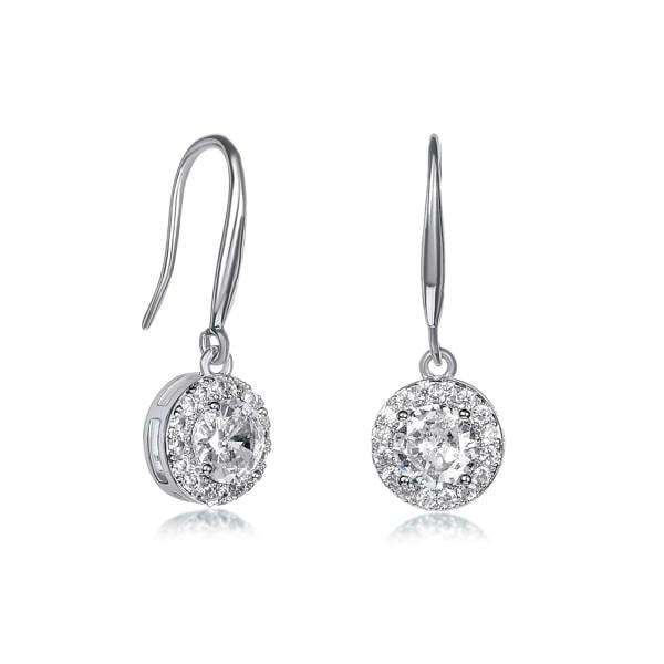 Zavana Silver Round Halo Drop Earrings with Clear Cubic Zirconia Stones for women