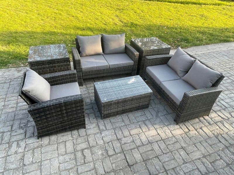 Fimous Rattan Garden Furniture Set 5 Seater Patio Outdoor Lounge Sofa Chair Set with 2 Side Tables Rectangular Coffee Table Dark Grey Mixed