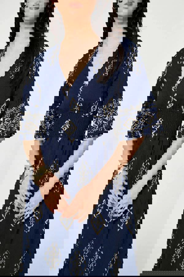 Navy | Printed 1/2 Sleeve Shirred Midi Dress