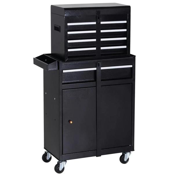 Black metal 2-tier tool chest with drawers, pegboard front, and four caster wheels