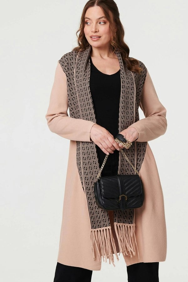 Beige | Printed Fringed Scarf Detail Long Jacket