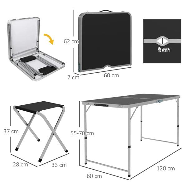Foldable four-person picnic table and stools with open case and size diagrams shown