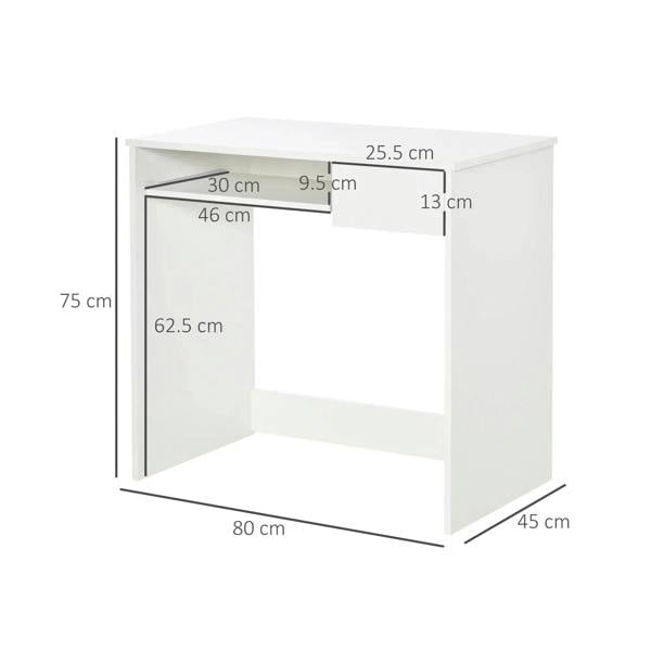 White desk dimensions shown: 80cm wide, 75cm high, 45cm deep