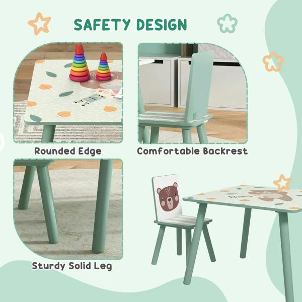 Green kids table and chair set with rounded edges and comfort chair backrest