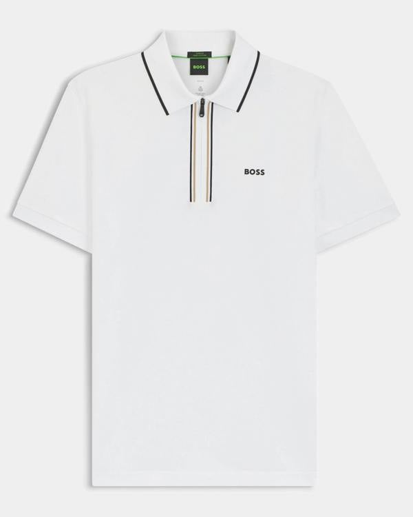 BOSS Green Philix Mens Slim Fit Zip Polo Shirt in Moisture-Wicking Stretch Cotton - White 100 - CHO - Designer Mens Short Sleeve Polo Shirts