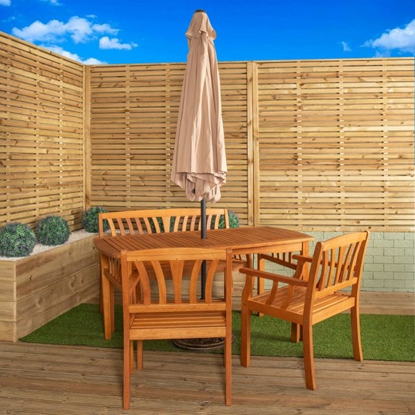 Samuel Alexander Outdoor 4 Person Rectangular Wooden Dining Table Chairs & Bench with Beige Havana Parasol & Base