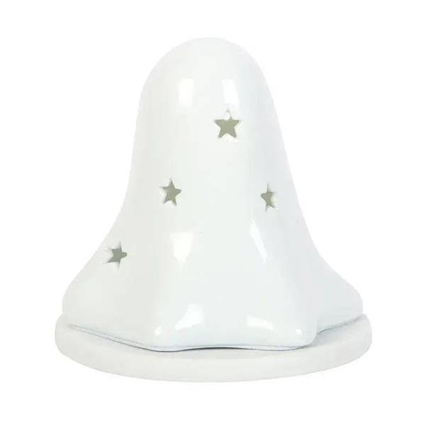 Glossy white ceramic ghost holder with star insets and scalloped base