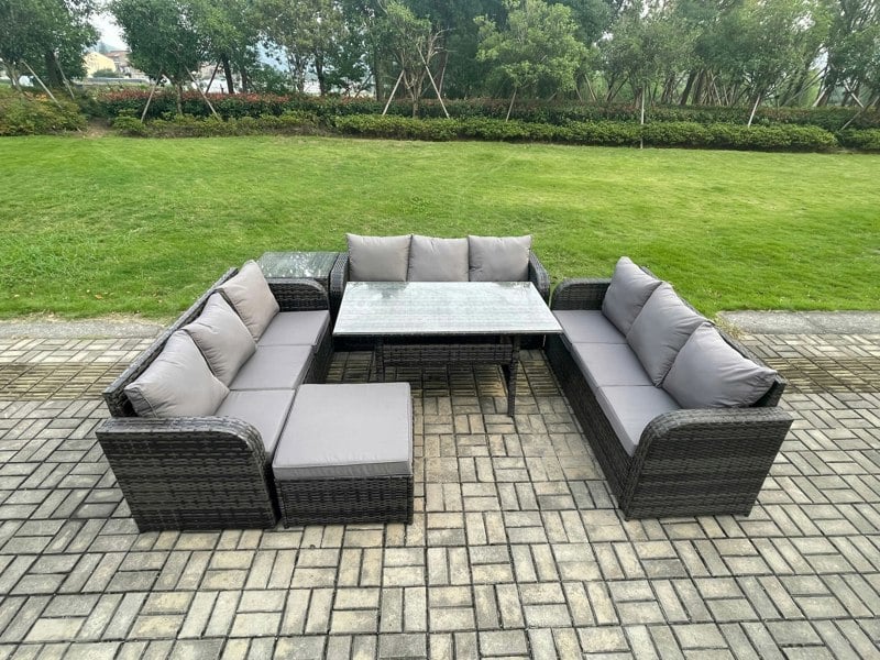 Fimous 10-Seater Dark Grey Rattan Outdoor Lounge Set | Oblong Rectangular Dining Table, Large Footstool, Side Table