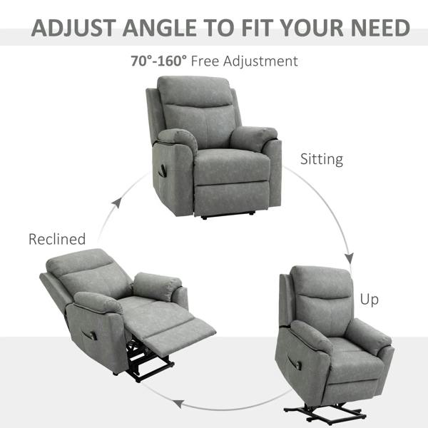 Grey electric recliner chair showing recline-to-upright free-angle adjustment