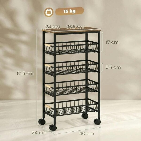 Metal Kitchen Trolley, 4-Tier Storage Trolley with Pull-Out Baskets and 4 Swivel Casters for Kitchen, Rustic Brown