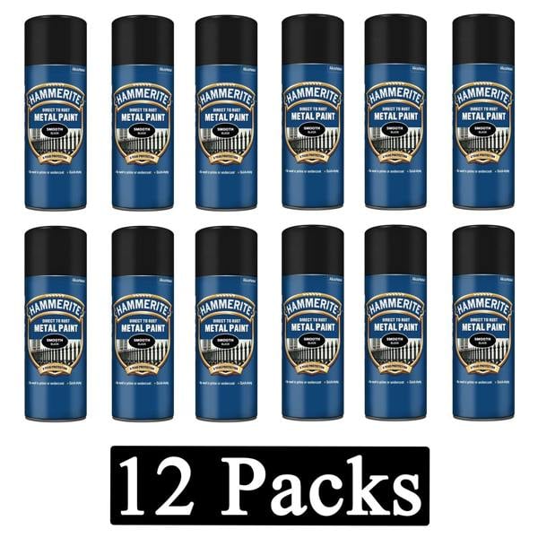 Hammerite 12X Hammerite Smooth Black Spray Paint 400ml