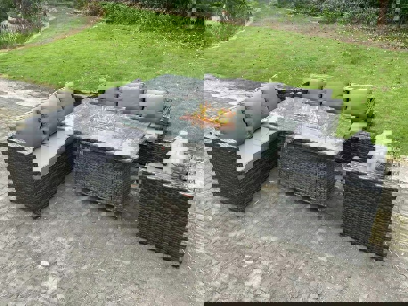 Fimous 7 Seater Rattan Garden Furniture Sofa Set Outdoor Patio Gas Fire Pit Dining Table Gas Heater Burner With Armchair Side Table Dark Grey Mixed