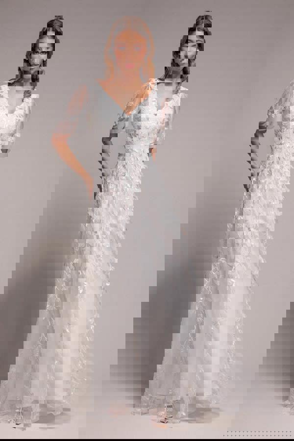 Flared Sleeve Embroidered Maxi Dress - White DR3279A