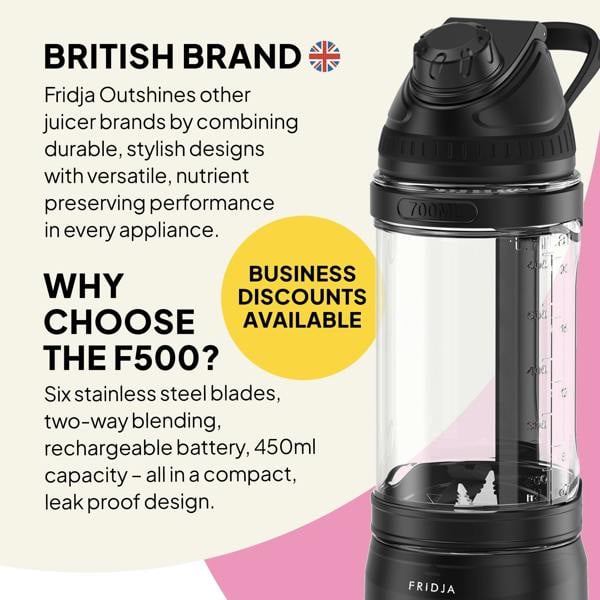 The stylish black Fridja Kitchen Trio f500 Portable Blender features six stainless steel blades, two-way blending, rechargeable battery, 450ml leak-proof design—ideal for smoothies on the move. Highlighted: British brand & “Business Discounts Available” label.
