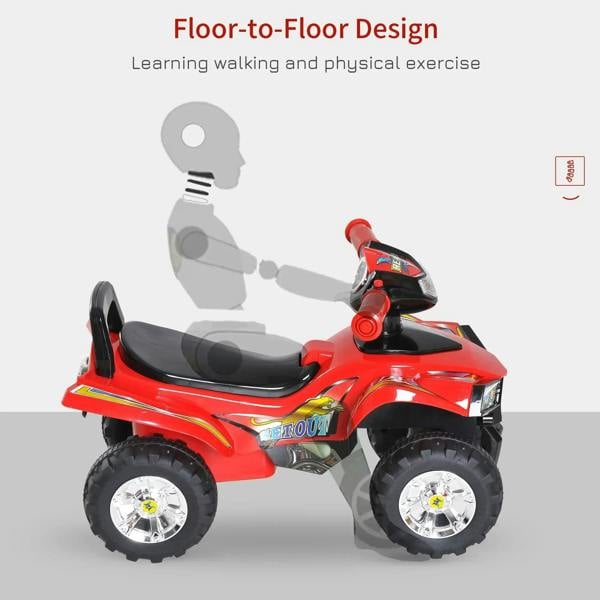 Red kids ride-on quad bike in profile with black seat and four chunky wheels