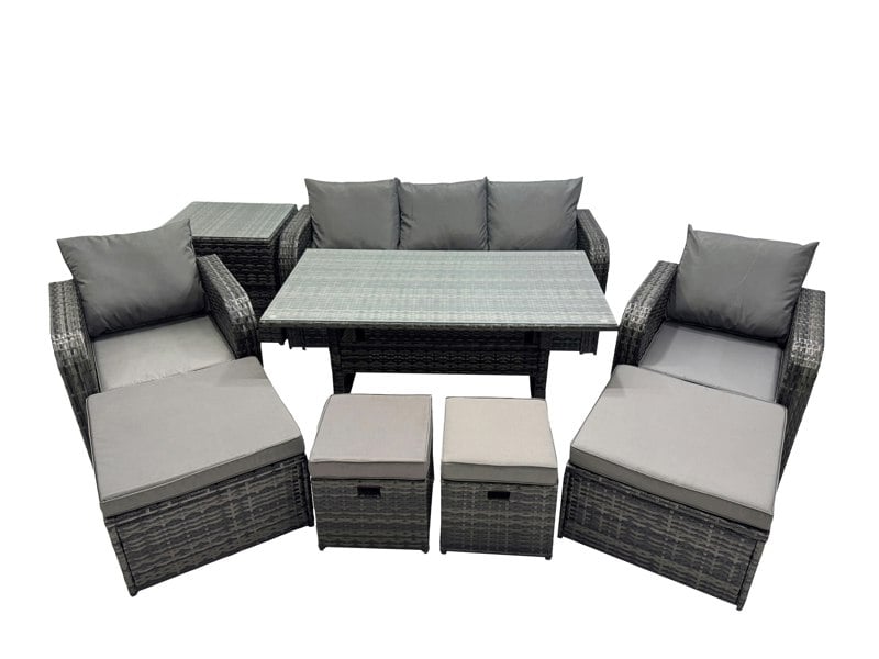 Fimous 8 Seat Outdoor Wicker PE Rattan Garden Furniture Set Dining Table Sofa Set with 4 Stools Side Table Dark Grey Mixed