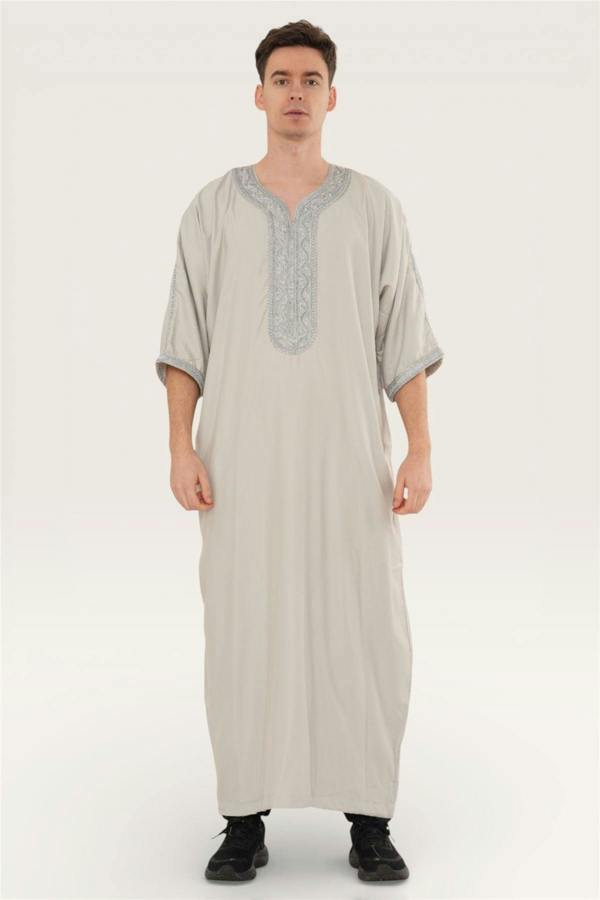 Infinity Leather Men's Moroccan Thobe Robe Djellaba Arab Short Sleeve Embroidery Gandoura Jubba
