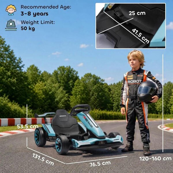 24V Electric Go Kart for Kids 6-12 Years with Drift Mode, Adjustable Seat, 3 Speed, Slow Start, Light Blue