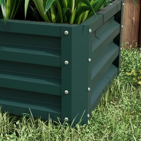 Green steel planter box side close-up with rivets and raised edge