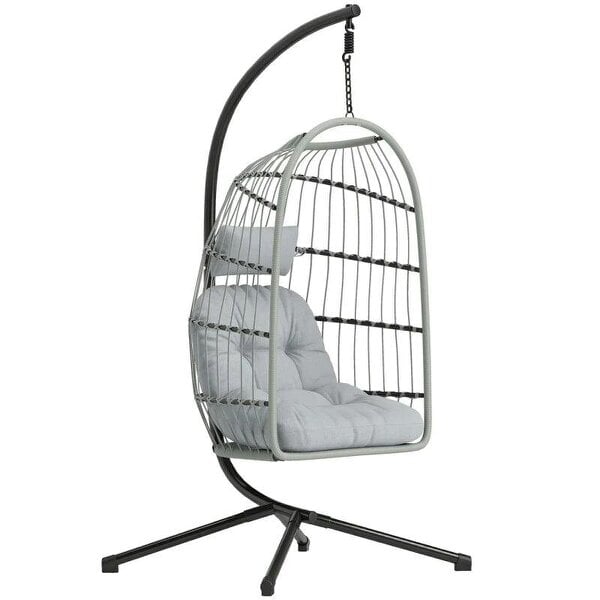 Hanging Egg Chair, Indoor Outdoor Hammock Swing Chair with Stand, Safety Strap, Foldable Basket, Light Grey