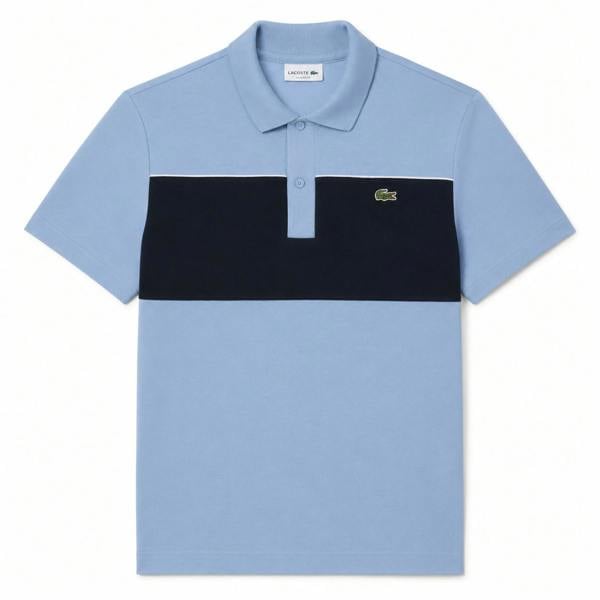 Lacoste light blue pique polo shirt with a black chest stripe and crocodile logo.