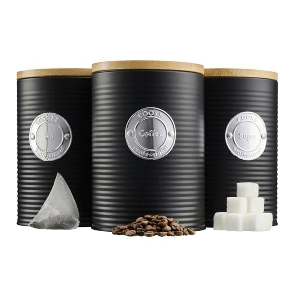 Cooks Professional 3 Piece Kitchen Storage Set with Bamboo Lids | Black / Silver