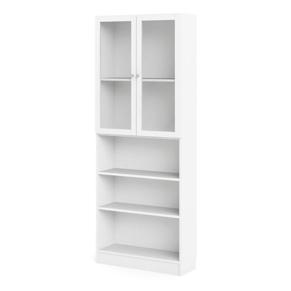 Furniture To Go Basic Tall Wide Display Cabinet in White (4 Shelves) with 2 Glass White Doors