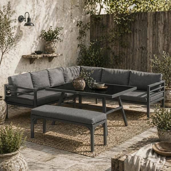 Wyld Haus Rovama 8 Seater L-Shaped Garden Furniture Set with Glass Coffee Table and Bench