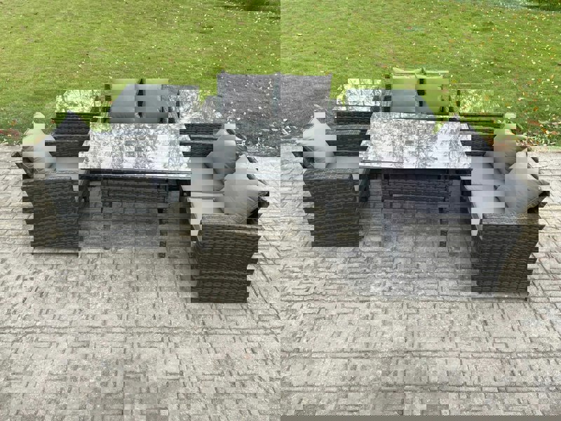Fimous Wicker Rattan Garden Dining Set Outdoor Furniture Sofa with Dining Table Double Seat Sofa 2 Side Tables Dark Grey Mixed