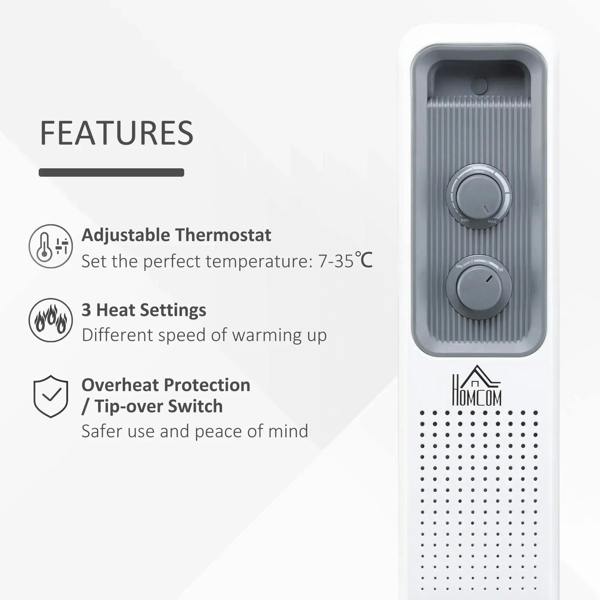 White oil-filled radiator heater showing adjustable thermostat and 3 heat settings controls.