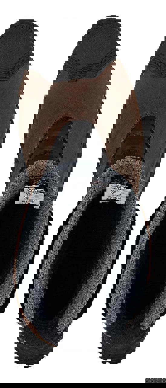 Red Wing Shoes Red Wing Petroking 3221 Mens Leather Tall High Safety Rigger Boots, top view showing brown leather exterior, black toe cap, and padded gray interior lining.