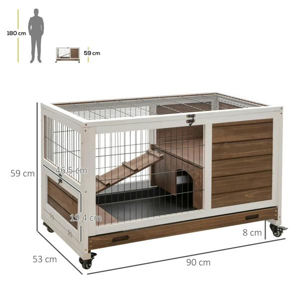 Brown wooden 2-floor cage with ramp, wire walls, and front access door
