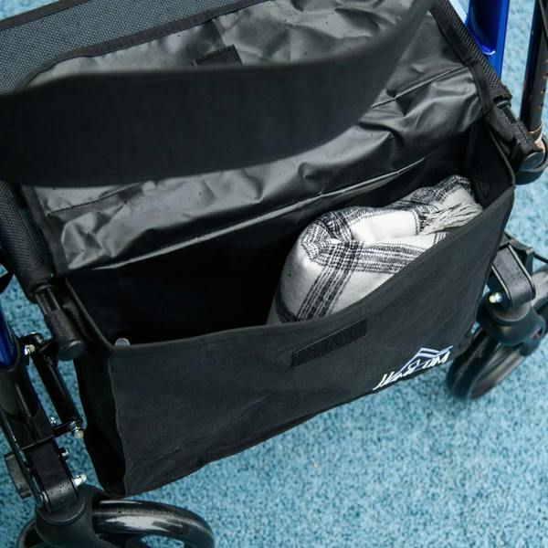 Black storage pouch on a blue rollator walker with folded clothes inside