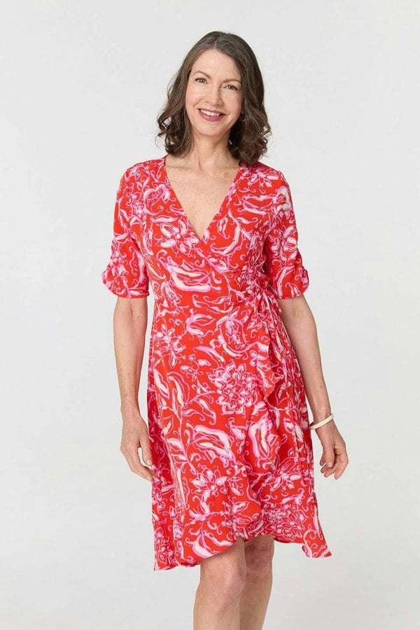 Orange | Printed Frill Wrap Knee Length Dress
