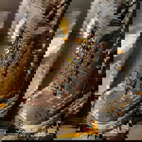 DeWalt Kirksville Mens Lace Up Safety Work Composite Toe S3 Boots, brown rugged work boots with black and yellow laces, reinforced toe cap, and supportive sole suitable for industrial and construction environments.