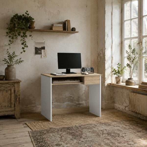 Wyld Haus Vali 80cm Wooden Oak Compact Desk With Keyboard Tray And Drawer