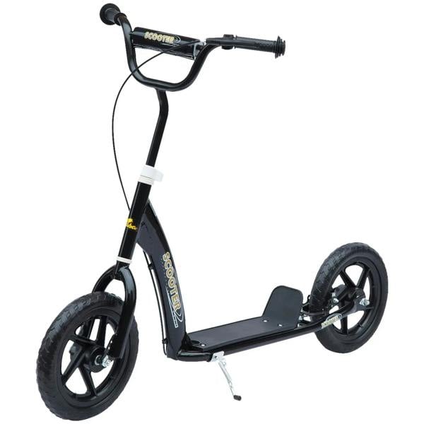 Black kids kick scooter with wide deck, curved handlebars, and front rear wheels