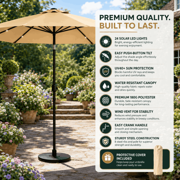 GlamHaus Garden Parasol Solar LED 2.7M ,Tilting Table Umbrella with Crank Handle, Protection UV40, Includes Parasol Cover- Sand