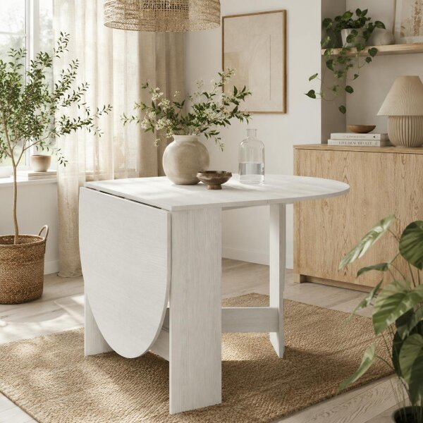 Wyld Haus Ziri Wooden White Washed Finish Oval Drop Leaf Dining Table For Small Spaces