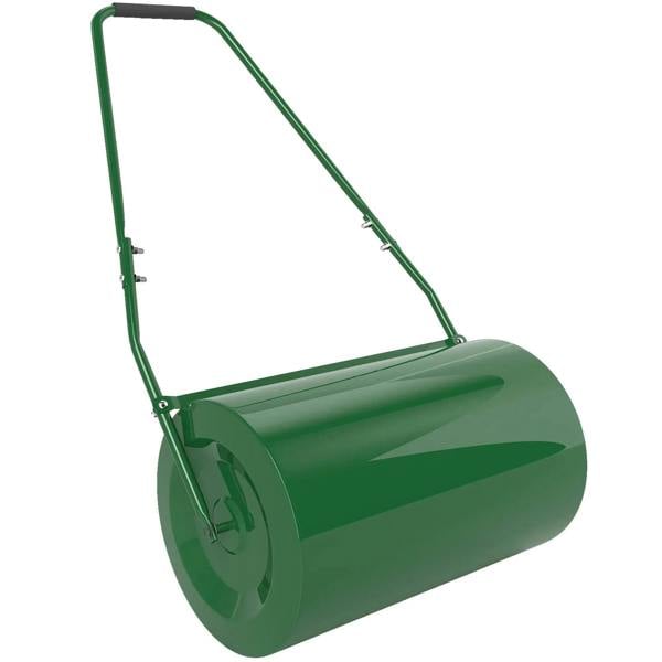 Dark green garden lawn roller with steel drum and push handle