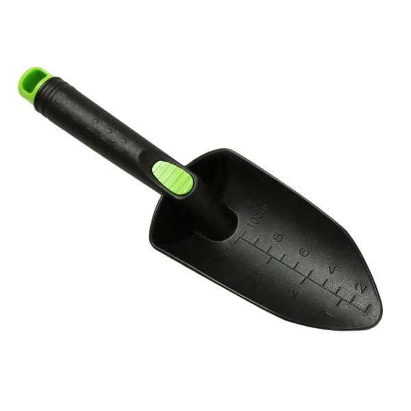 Black gardening trowel with a green grip, featuring measurement markings on the blade for accurate planting depth