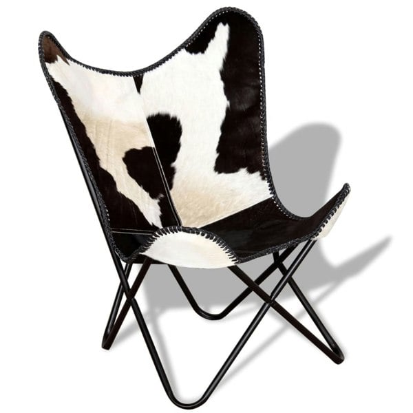 Berkfield Butterfly Chair Black and White Real Cowhide Leather