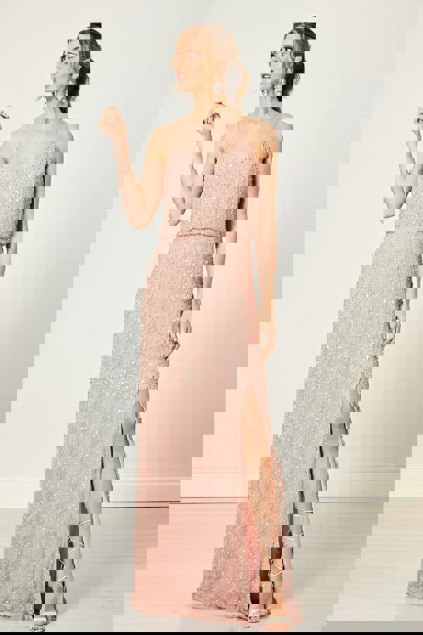 Scatter Embellished Sequin Maxi Dress in Rose Gold - ANGELEYE