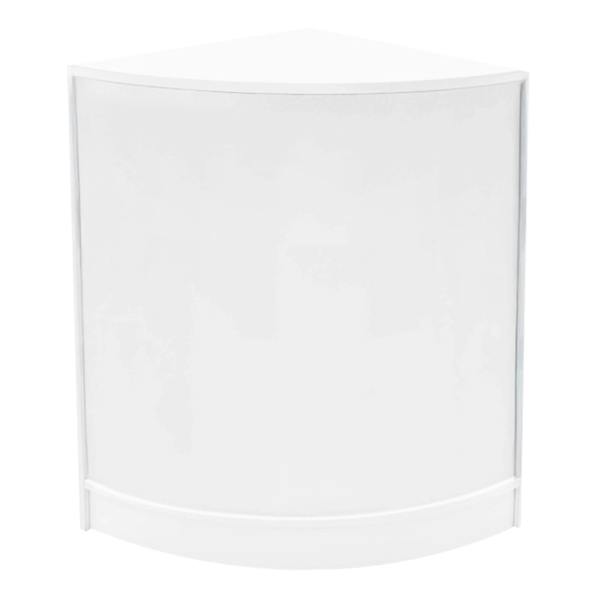 White corner display counter with a smooth, curved front and sleek design, ideal for showcasing products in retail spaces