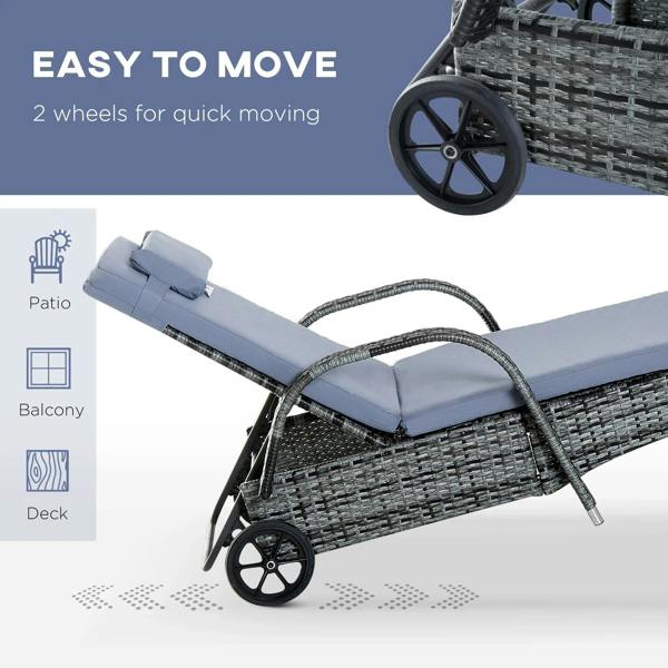 Grey rattan wheeling recliner sun lounger with light-blue cushions and two wheels