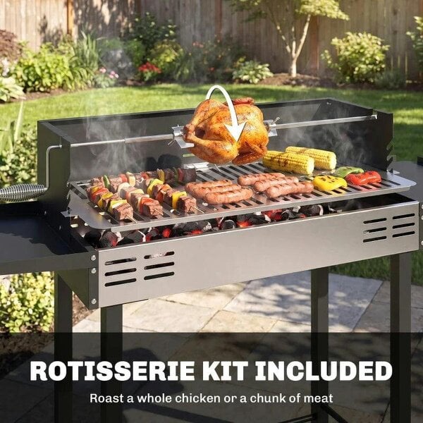 Bobobiy BBQ Rotisserie Grill Roaster Charcoal Spit Roasting Machine for Chicken Turkey with 3-Level Grill Grate, Side Shelves