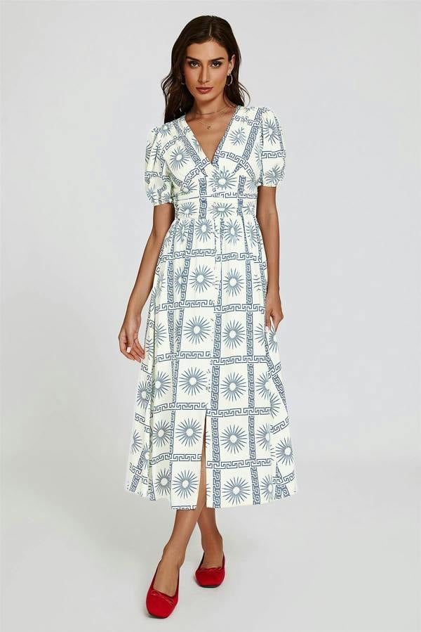 FS Collection Geo Print Midi V neckline Dress In White