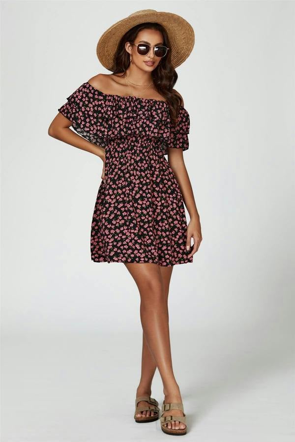 FS Collection Floral Print Bardot Frill Mini Dress In Black